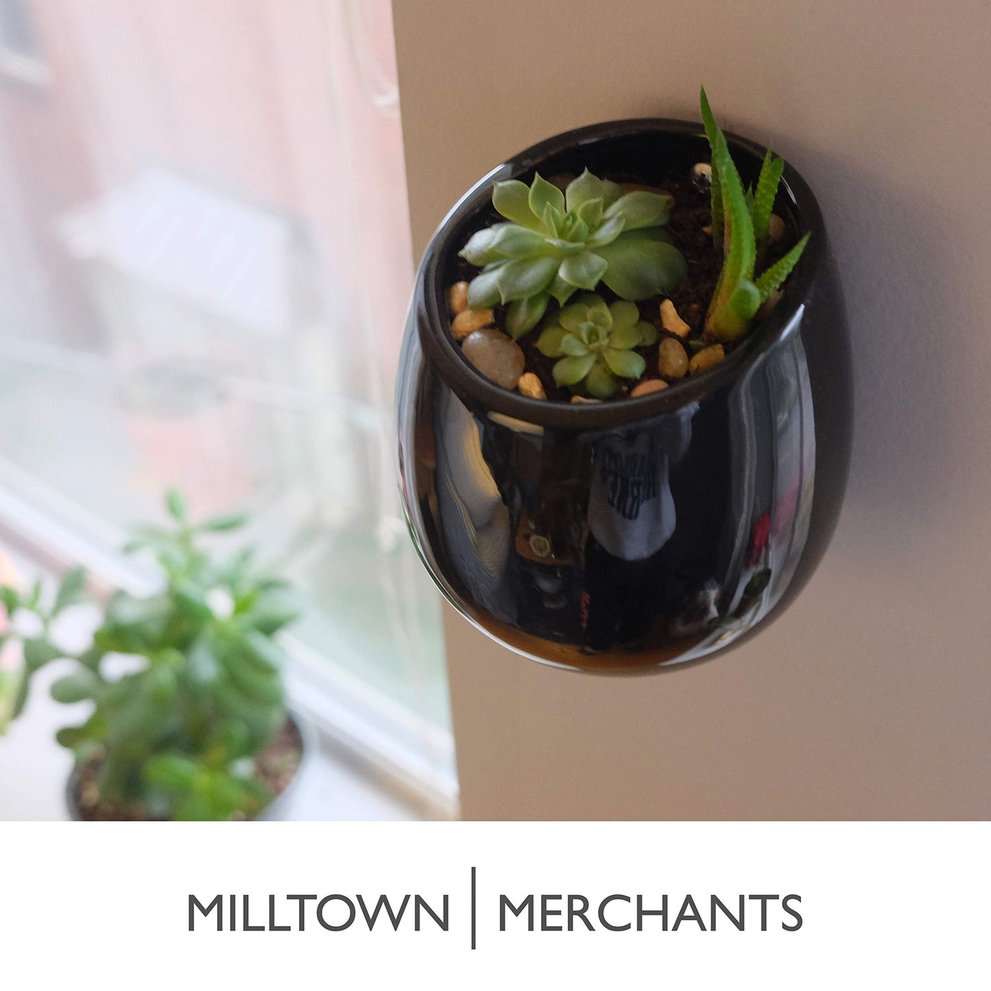 Milltown Merchants Succulent Wall Planters - Wall Vases - Black Ceramic Wall Mounted Planters - Succulent Plant Pots - Hanging Vases for Living Wall (2 Pack/Modern/Black)