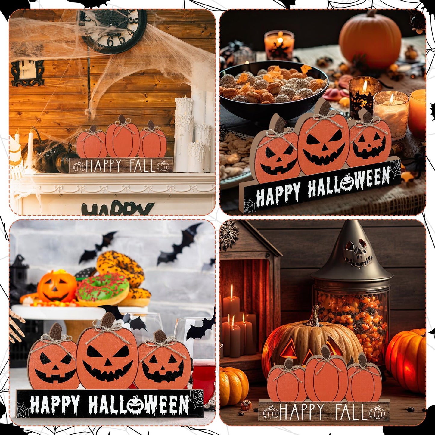Purpeak Reversible Fall Wooden Table Sign Double Side Halloween and Thanksgiving Tabletop Pumpkin Sign Decor Happy Fall Wood Block Tiered Tray Decor for the Home Shelf Party