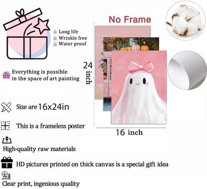 3Pcs Pink Halloween Wall Art Cute Bow Ghost Poster Prints Fall Harvest Pumpkin Flower Canvas Picture for Halloween Girls Room Dorm Nursery Playroom Wall Decor 16X24in Unframed