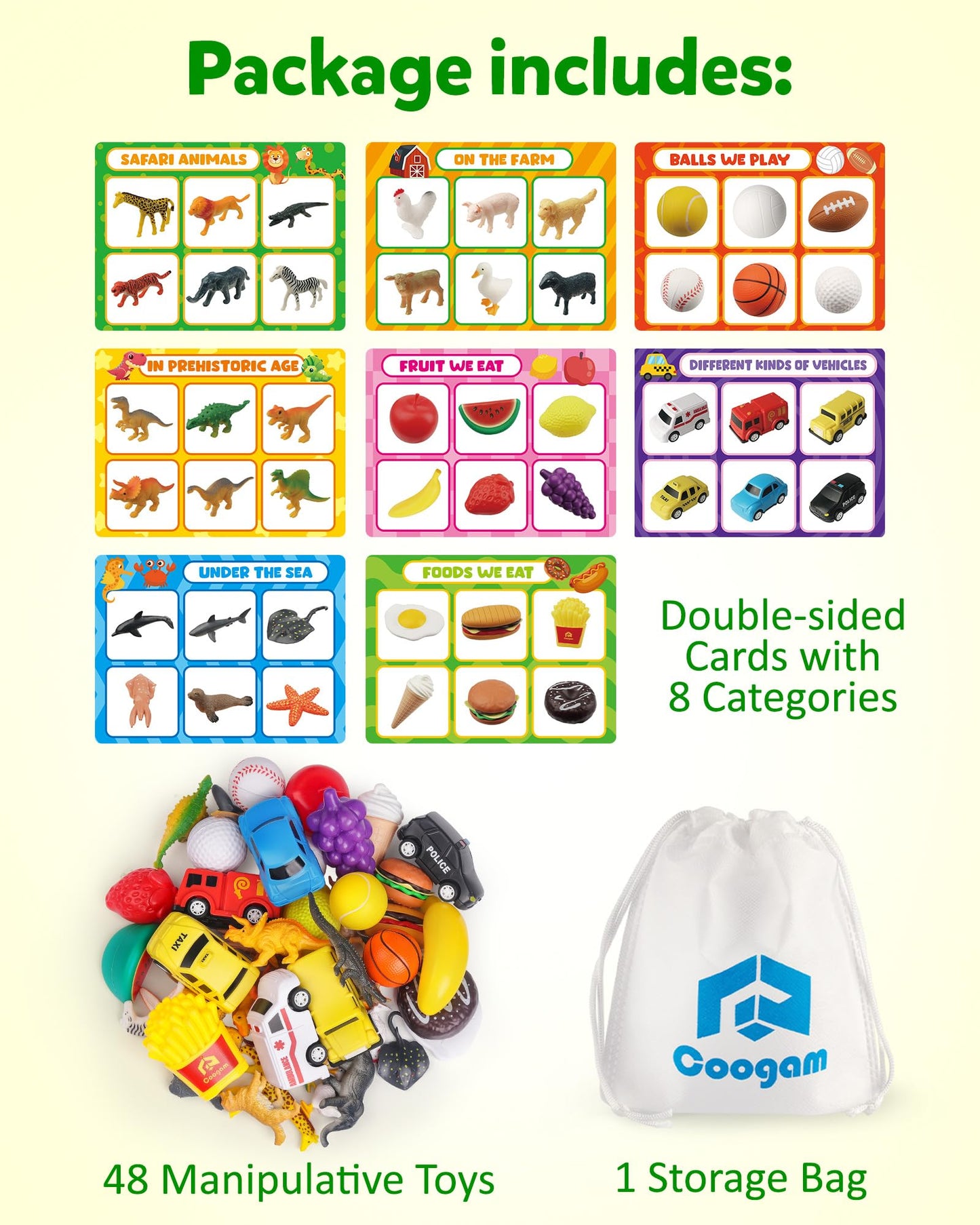 Coogam Sorting Toy for Toddlers, Animals Dinosaurs Fruits Vehicles Foods Fishes Balls Farm Playset, Fine Motor Montessori Game Preschool Educational Learning Gift for Year Old Kids