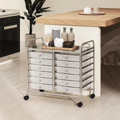 COSTWAY 12-Drawer Rolling Storage Cart, Utility Storage Organizer Cart for Tools, Scrapbook, Paper, Craft, Multipurpose Art Supply Organizer on Wheels for Home Office School, Teacher, Clear