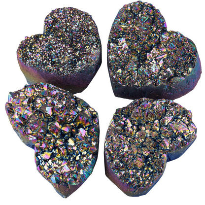 SUNYIK Love Heart Rainbow Titanium Coated Quartz Crystal Cluster, Healing Crystal Drusy Geode Gemstone Specimen Figurine for Valentine's Day, 1.9-2.7''