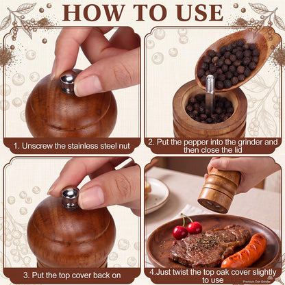 Hushee 6 Pcs Rubber Wood Salt and Pepper Grinder Set, 8 Inch Adjustable Coarseness Manual Pepper Grinder, Refillable Spice Grinders with Tray, Spoon & Cork Labels for Kitchen, BBQ, Camping