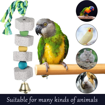 Sanwuta 4 Pack Bird Toy Bird Beak Grinding Stone Parrot Chewing Toys with Bell Bird Cage Accessories Parrot Beak Stone Lava Block Calcium Stone for Parakeet Cockatiel Conure Hamster Chinchilla Rabbit