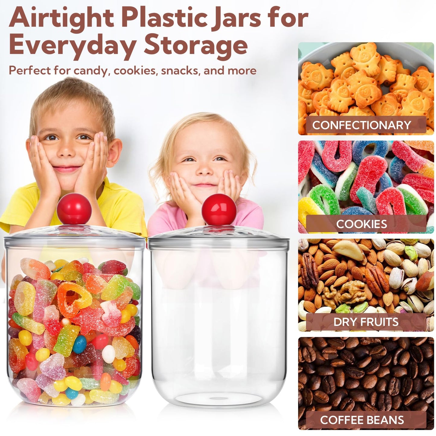 VZZNN 4 Pack Candy and Jars with Lids for Office Desk, Plastic Cookie Storage Jar for Kitchen Counter, Plastic Apothecary Jar for Cotton Swabs, Balls, Cotton Pads (1400ml)