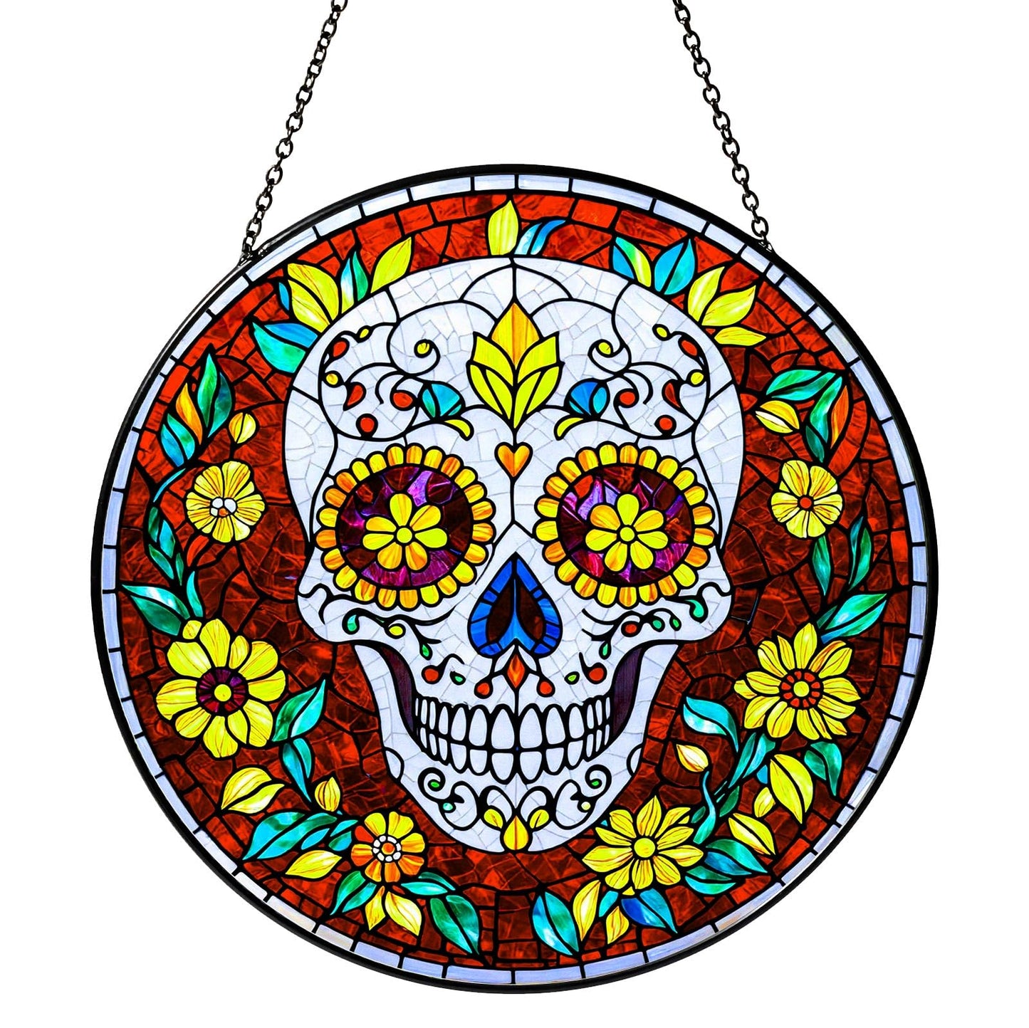 Dia De Los Muertos Sugar Skull Stained Glass Window Hanging Skull Sun Catcher Halloween Decor Halloween Home Decoration Suncatchers for Garden Home Windows Hanging, 7.87inch
