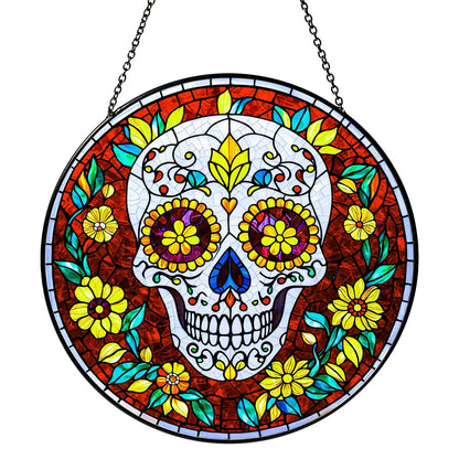 Dia De Los Muertos Sugar Skull Stained Glass Window Hanging Skull Sun Catcher Halloween Decor Halloween Home Decoration Suncatchers for Garden Home Windows Hanging, 7.87inch