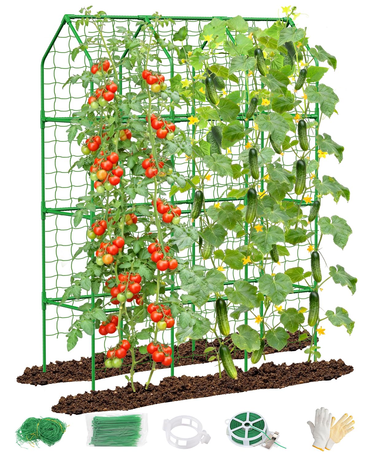 Cucumber Trellis for Climbing Plants Outdoor, A-Shape Garden Trellis for Raised Bed, Metal Plant Trellis with Garden Netting for Flower Vegetables, Pea, Grape (50 * 17 * 65inch(L*W*H)