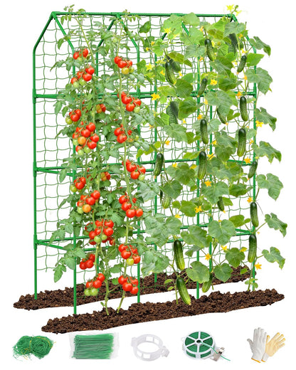 Cucumber Trellis for Climbing Plants Outdoor, A-Shape Garden Trellis for Raised Bed, Metal Plant Trellis with Garden Netting for Flower Vegetables, Pea, Grape (50 * 17 * 65inch(L*W*H)