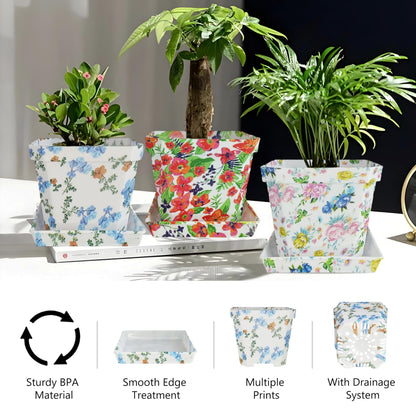 XINAOBAOLUO Plastic Plant Pots Printed Flower Pot with Pallet Container Indoor Outdoor of Your Room,Garden Office and Balcony Decor Modern Decorative Gardening Containers