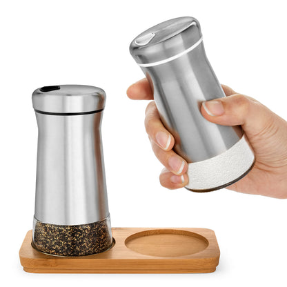Salt and Pepper Shakers set with Adjustable Pour Holes - Elegant Stainless Steel Spice Dispenser - Perfect for Himalayan, Table Salt, White and Black Pepper (Salt & Pepper Shakers Set + Bamboo Stand)