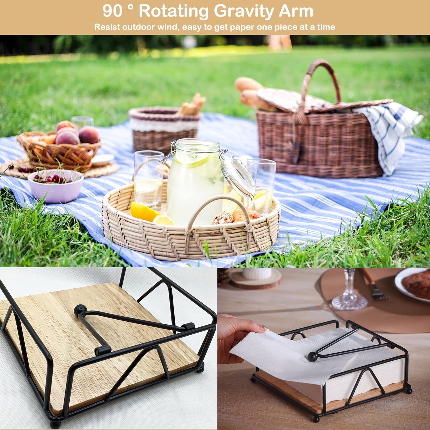 Aeibun Metal Napkin Holder for Table with Weight Arm - Flat Paper Napkins Holders for Kitchen Table with Wooden Base, Farmhouse Tissue Holder Dispenser for Cocktail, Bathroom, Party, Room Decor