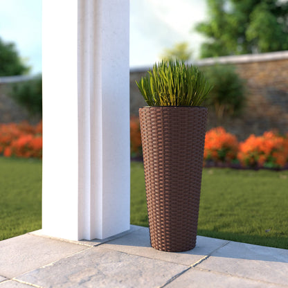 Balkene Home Noah Round Wicker Planter Tall Planter Decor Box for Adaptable Outdoor Furnishings All Weather Versatile Perfect Patio Herb Garden Living Space - 2 Piece Set - Mocha