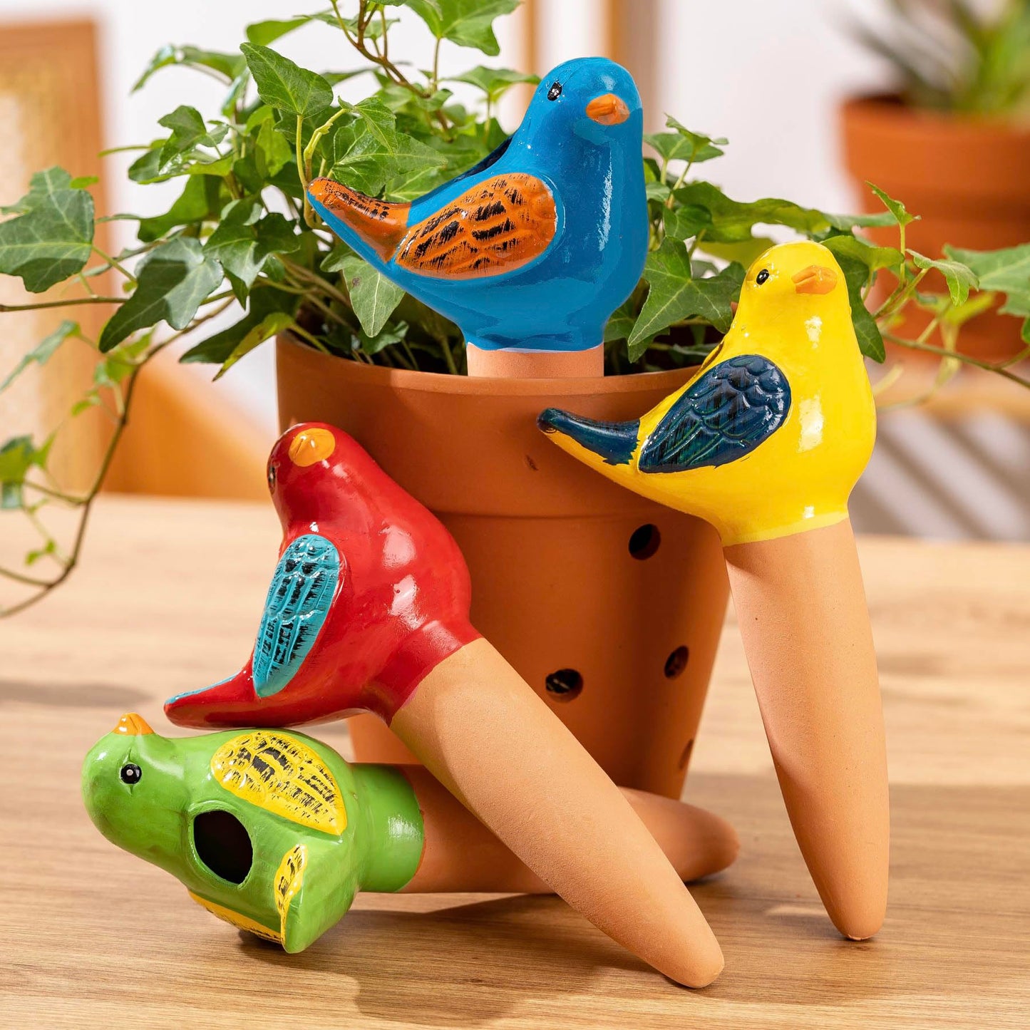 LumDecor 4 Pack Self Watering Bird Shaped Globes, Terracotta Vacation Planters Devices with Slow Release Automatic Watering Spikes, Plant Watering Pots for Indoor and Outdoor Potted Plants