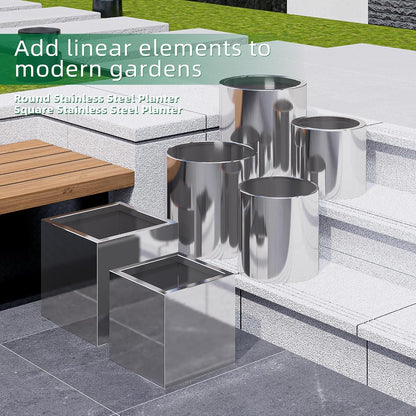 LONGRUNNEW Stainless Steel 25cm Square Planter with Wheels Trolley, Large Plant Pots for Indoor, Outdoor, Business Space, Public Places, Easy to Clean and Move
