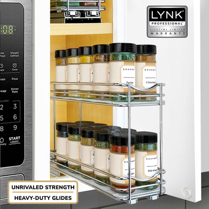 LYNK PROFESSIONAL® Pull Out Spice Organization for Cabinets - 4-3/8 inch Wide – Spice Rack for Inside Cabinets, Slide Out Spice Rack Organizer for cabinet – Pull Out Spice Rack, Sliding 2 Tier Chrome