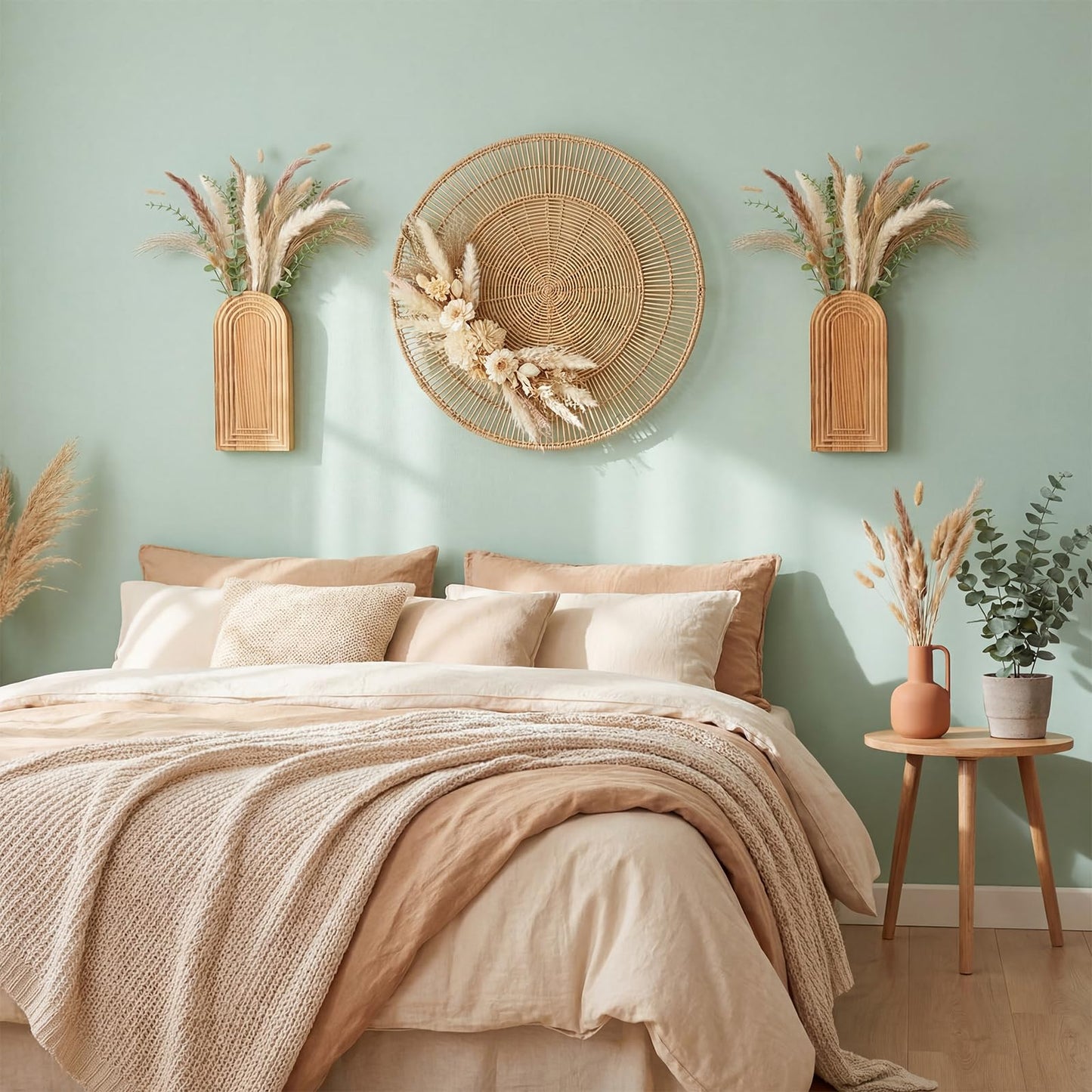LemonRoad Boho Wooden Wall Vases Set of 2 with Artificial Eucalyptus and Pampas Grass Dried Flower Rustic Hanging Wood Planter Vase Wall Mounted Farmhouse Bohemian Decor for Home Entryway Living Room