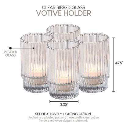Serene Spaces Living Ribbed Glass Votive Holders – Elegant Pleated Candle Holders for Tea Lights, Votive Candles – Decorative Glass Holders for Home, Weddings, 3.75" Tall and 2.25" Diameter, Set of 4