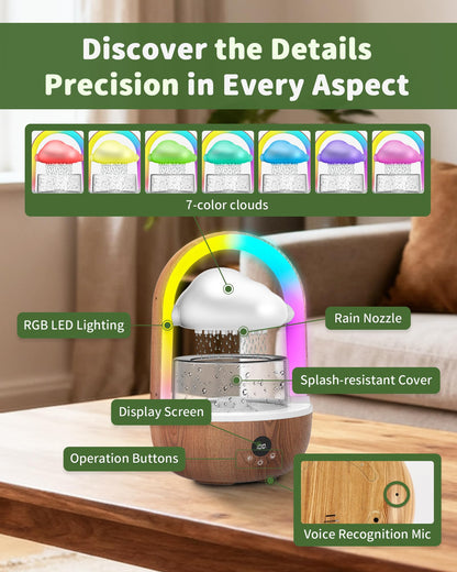Relaxing Indoor Water Fountain with Gentle Rain Sounds, Weljoy Cloud Rainbow Rain Tabletop Fountain with Color Changing Lights, Wireless Design for Office Desk Meditation (Wood)