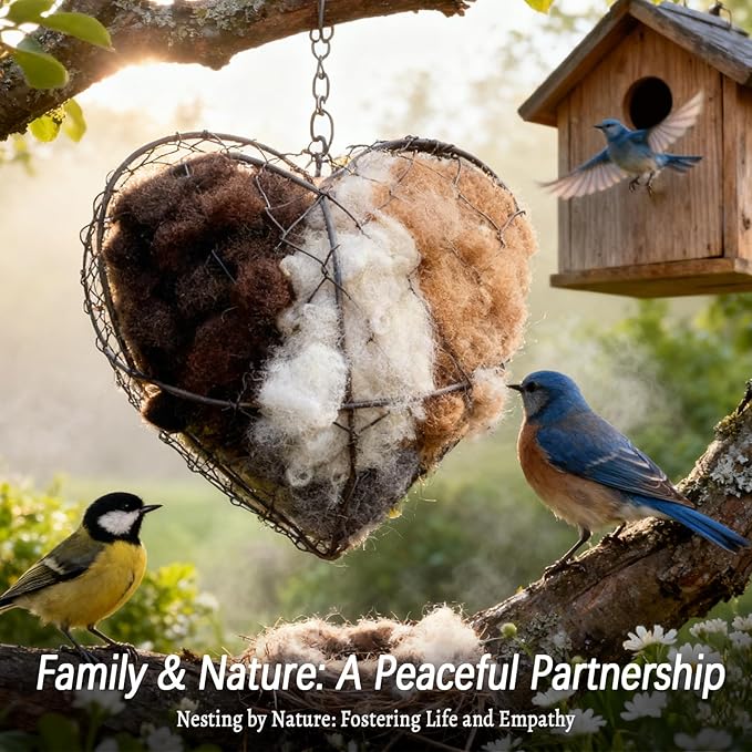 Handmade Fiber Bird Nesting Heart, Alpaca Wool Bird Nest for Outdoor Hanging, Natural Warm Hummingbird House Alternative, Bird Accessories for Garden Trees, Bird Houses for Outside(1Set)