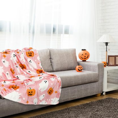JarThenaAMCS Halloween Fuzzy Flannel Blanket 60 x 50 Inch Ghost Pumpkin Throw Blanket Pink Soft Blankets for Farmhouse Home Chair Sofa Couch Bed
