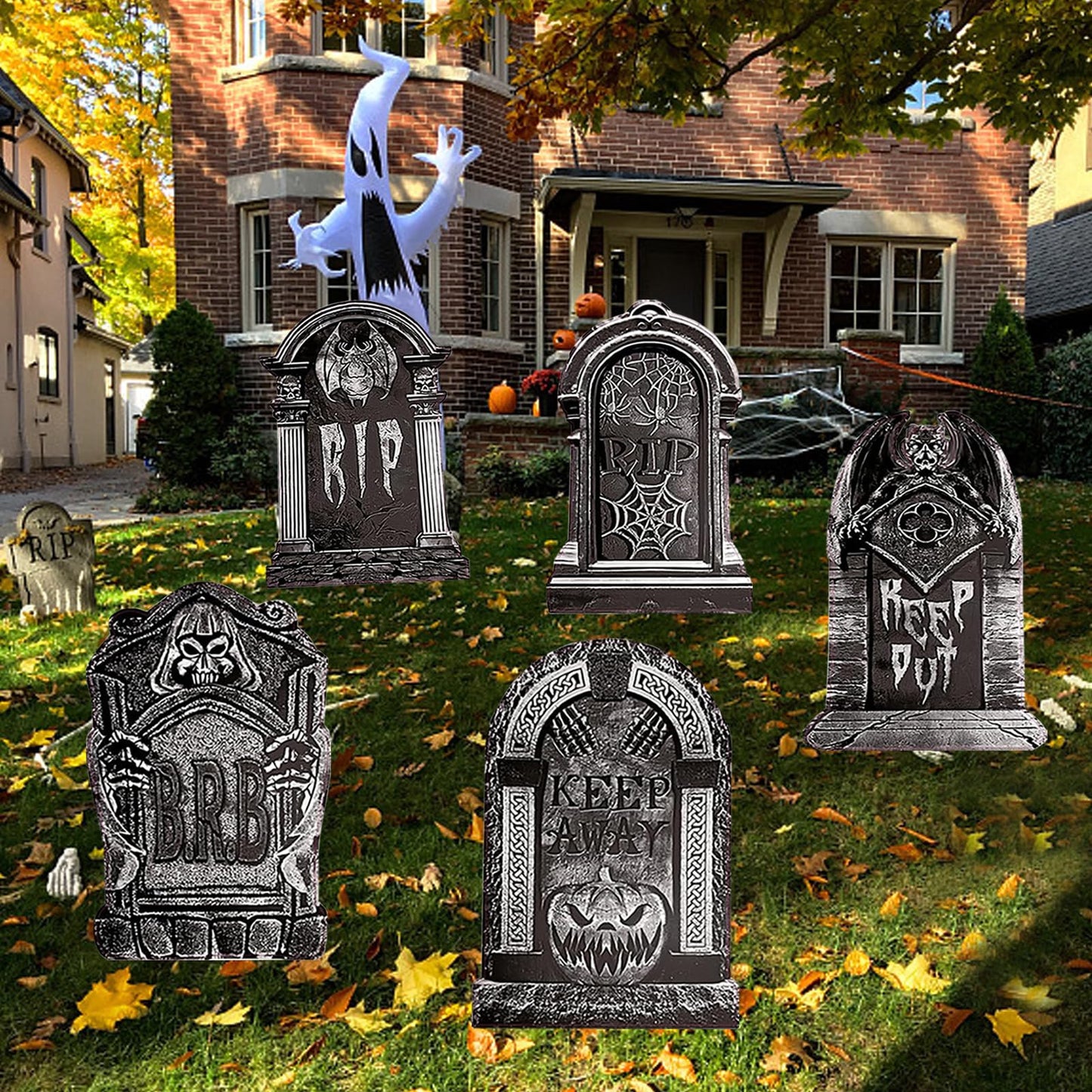 23.62in Halloween Tombstones Yard Sign, 5 PCS Large Tombstones Gravestone DIY Halloween Decor RIP Lawn Signs with Stakes, Outdoor Yard Decoration