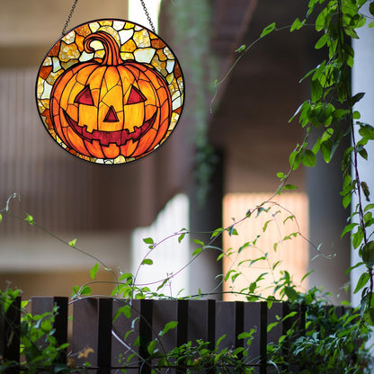 RVEAFA Pumpkin Stained Glass Window Hanging Horror Sun Catcher Decor Halloween Suncatchers for Garden Home Windows Hanging Decoration, 7.87inch