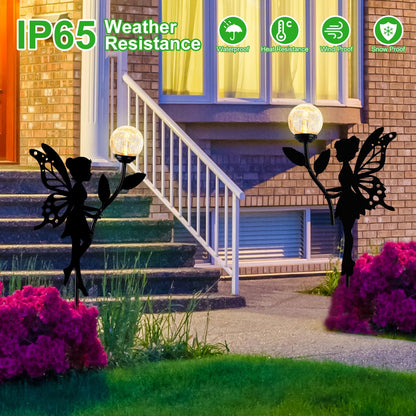 Ouddy Decor 2 Pack Solar Fairy Garden Decor, Metal Statues with Crackle Glass Globe Lights Silhouette Waterproof for Outdoor Lawn Patio Yard Pathway Home Mother's Day Decorations Gardening Gifts