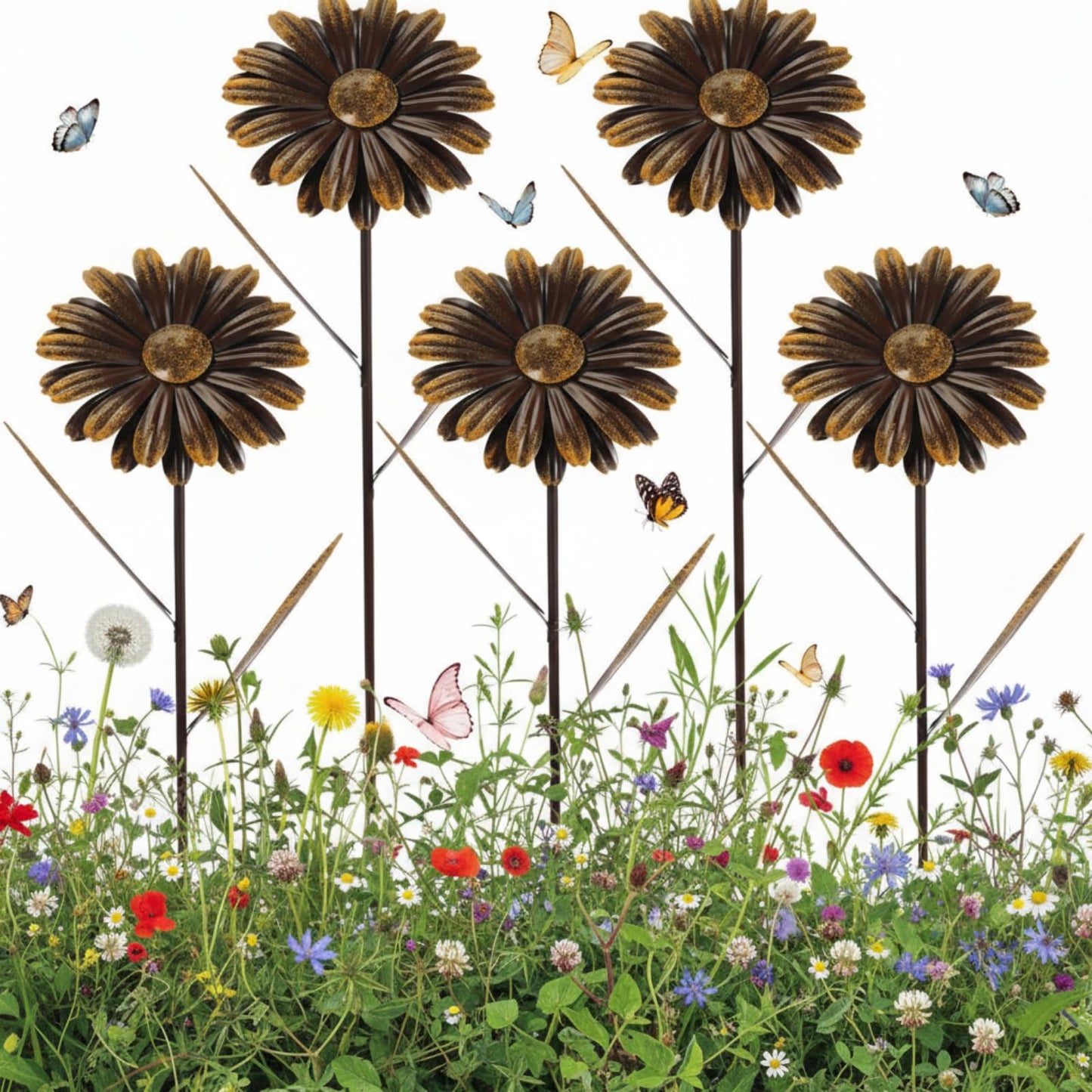 5 Pcs 11.8 Inch 3D Rusty Metal Garden Stakes, Weatherproof Decorative Plant Picks for Farmhouse Outdoor Yard, Lawn, Patio & Walkway(Daisy)