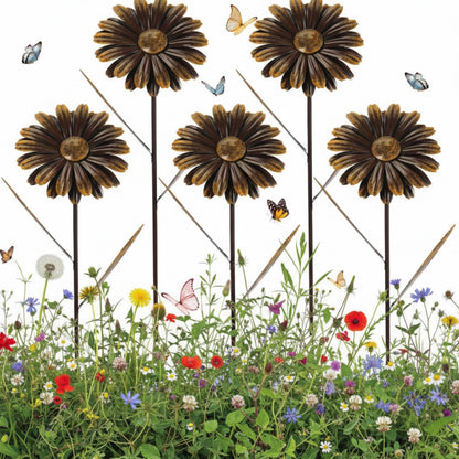 5 Pcs 11.8 Inch 3D Rusty Metal Garden Stakes, Weatherproof Decorative Plant Picks for Farmhouse Outdoor Yard, Lawn, Patio & Walkway(Daisy)