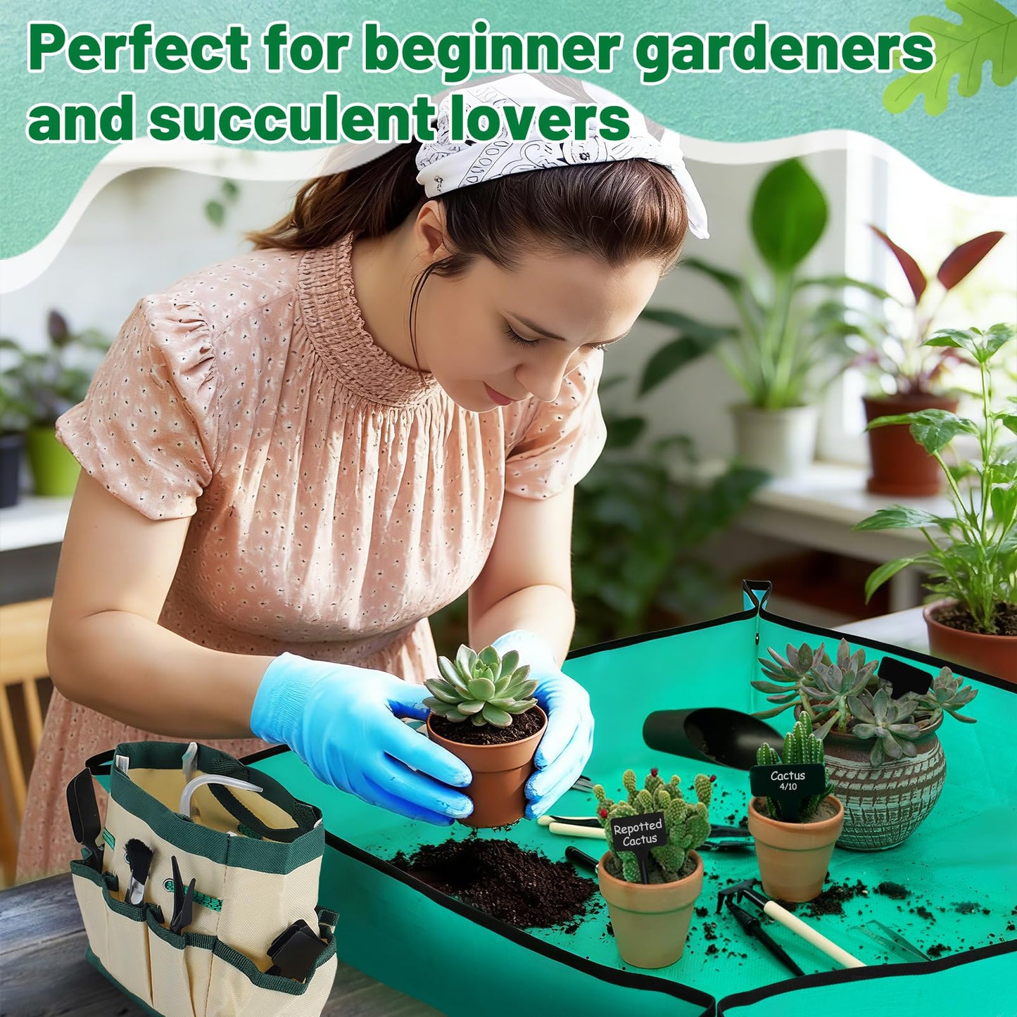 44pcs Small Gardening Tools Gifts for Women Beginners - Garden Hand Tools Set for Indoor Succulent Bonsai Plants Transplanting, Included Bag/Repotting Mat/Shovel/Labels, Green