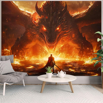 Spenlife Flaming Dragon Showdown Wall Tapestry, Fantasy Brave Warrior Tapestries for Room Decor, Intense Tapestry 60x44 Inch