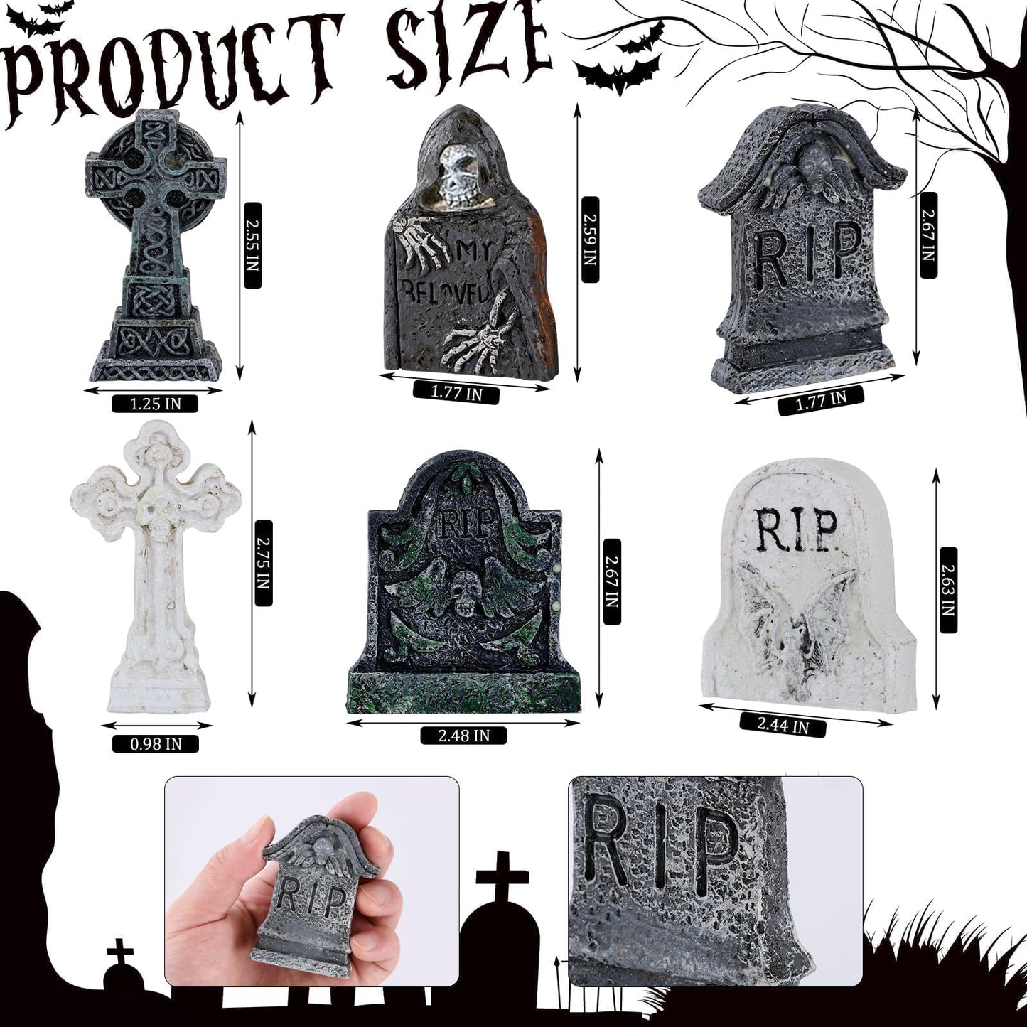 YLOLUL 48 Pcs Fluorescent Halloween Village Accessories Miniature All Saints' Day Figurines Glow in The Dark Mini Tombstones Skeleton Tiny Trees for Halloween Town Decorations Party Table Decor