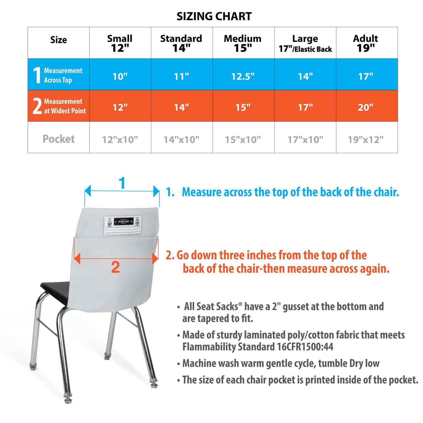 Seat Sack Student Chair Storage Pocket - 12", Classroom Chair Organizer for Student Desks, Durable Over-the-Chair Storage, Blue, 1-Pack