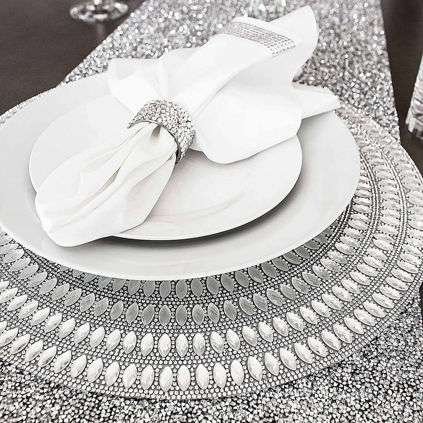 Flower Placemat, Stunning Glass Rhinestones, Protective Felt Back, for Formal Dining Tables Setting, Events, Wedding, Silver, 15", Sold Individually