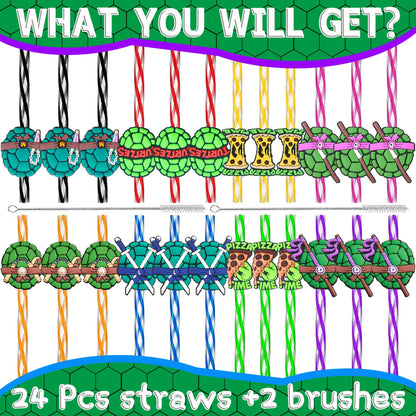 24 Green Turtles Birthday Party Decorations - Reusable Fun Plastic Straws for Kids Boys Girls Cartoon Pizza Turtle Party Favors - Cute Drinking Straws for Teenage Party Supplies Decor + 2 Brushes