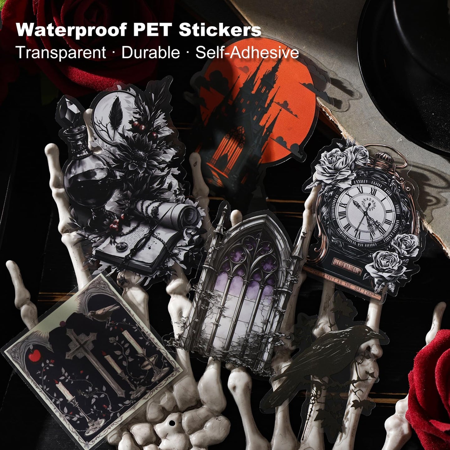 Moriquill 90PCS Gothic PET Stickers Set – Waterproof Die-Cut Stickers with Vampire Castles Clocks Tarot Potions for Scrapbook Journal DIY Cards Planners Halloween Crafts