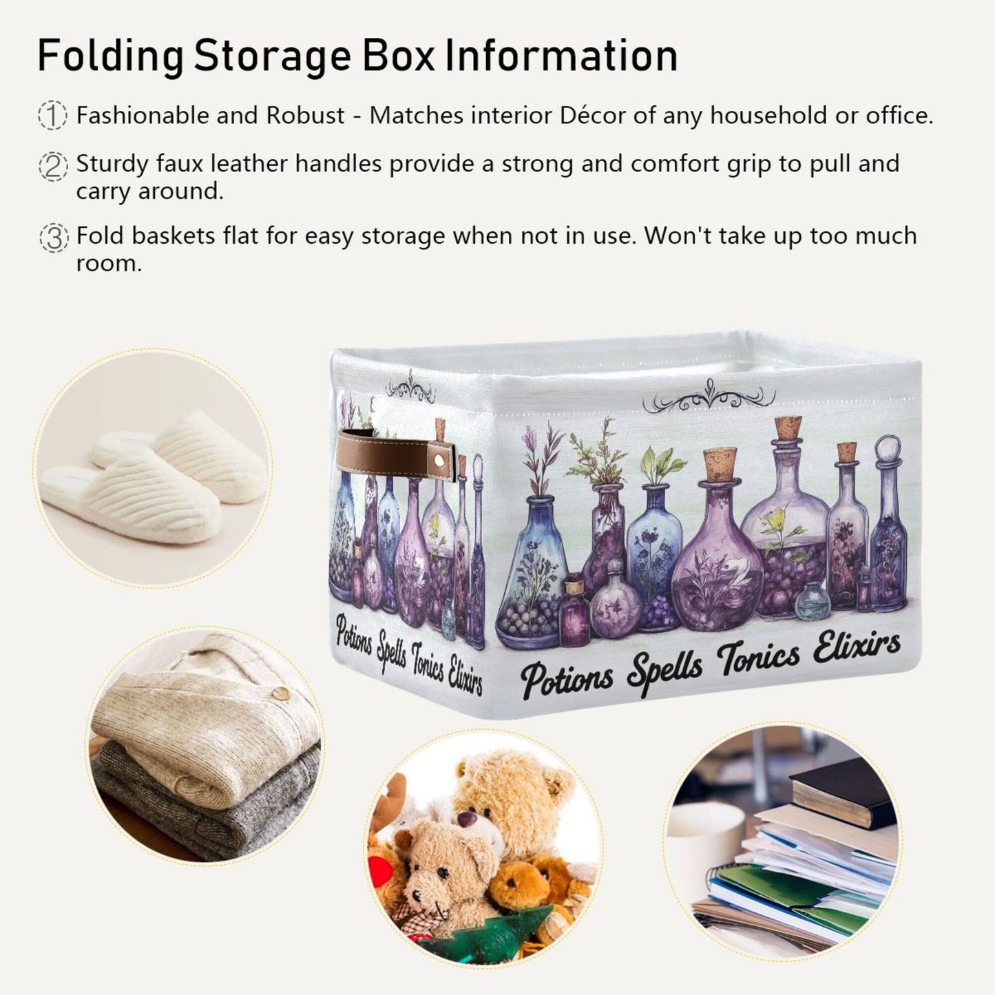Halloween Witch Potions Storage Basket with Waterproof Liner and PU Handles Purple Herb Spooky Storage Bins Boxes 14.2" Collapsible Decorative Organizer Baskets for Bedroom Closet Office 1 Pack
