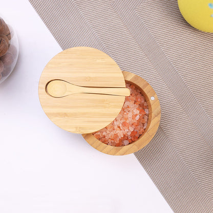 HTB Bamboo Salt Cellar with Mini Spoon, Kitchen Salt Box with Swivel Magnetic Closure Lid, Round Salt Container to Storage Pepper Spice Bath Salt Sea Salt