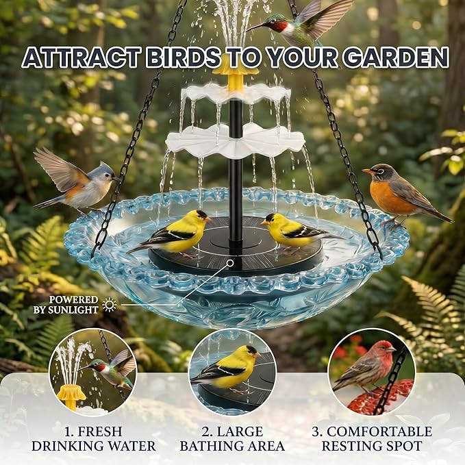 Solar Cascade Hanging Bird Bath Fountain, Solar Fountain Pump with 8 Nozzles, Hanging Bird Bath with Water for Outdoors Garden Patio Backyard Lawn Decor (Pink)