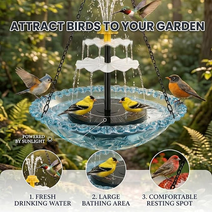 Solar Cascade Hanging Bird Bath Fountain, Solar Fountain Pump with 8 Nozzles, Hanging Bird Bath with Water for Outdoors Garden Patio Backyard Lawn Decor (Pink)