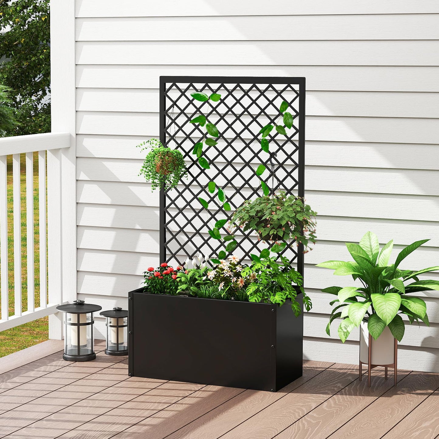 kinbor Planter with Trellis - Metal Planter Boxes Outdoor, Raised Garden Bed with Lattice Trellis for Climbing Plants, Black Flower Boxes Outdoor