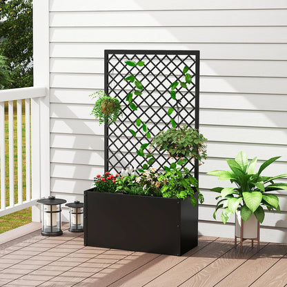 kinbor Planter with Trellis - Metal Planter Boxes Outdoor, Raised Garden Bed with Lattice Trellis for Climbing Plants, Black Flower Boxes Outdoor
