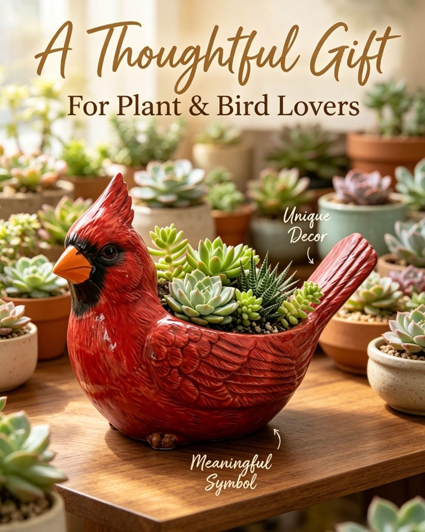 Nosecado Cardinal Bird Succulent Planter, Red Birds Plant Pot, Cardinal Succulent Planter Flower Plant Pot, Small Bird Planter for Desk Windowsill Garden Decor, Unique Gift (Green)