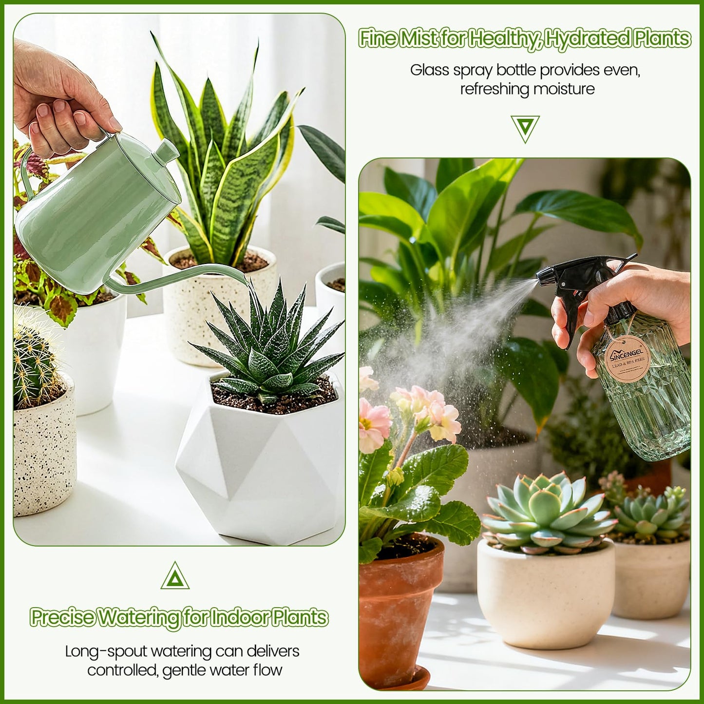 Sincengel Watering Can for Indoor Plants, 20 oz Metal Small Plant Watering Can with Long Spout for House Plants, 13.5 oz Glass Plant Mister Spray Bottle for Bonsai Garden Flowers Decorative (Green)