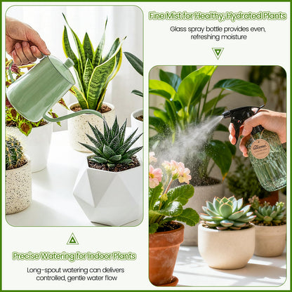 Sincengel Watering Can for Indoor Plants, 20 oz Metal Small Plant Watering Can with Long Spout for House Plants, 13.5 oz Glass Plant Mister Spray Bottle for Bonsai Garden Flowers Decorative (Green)