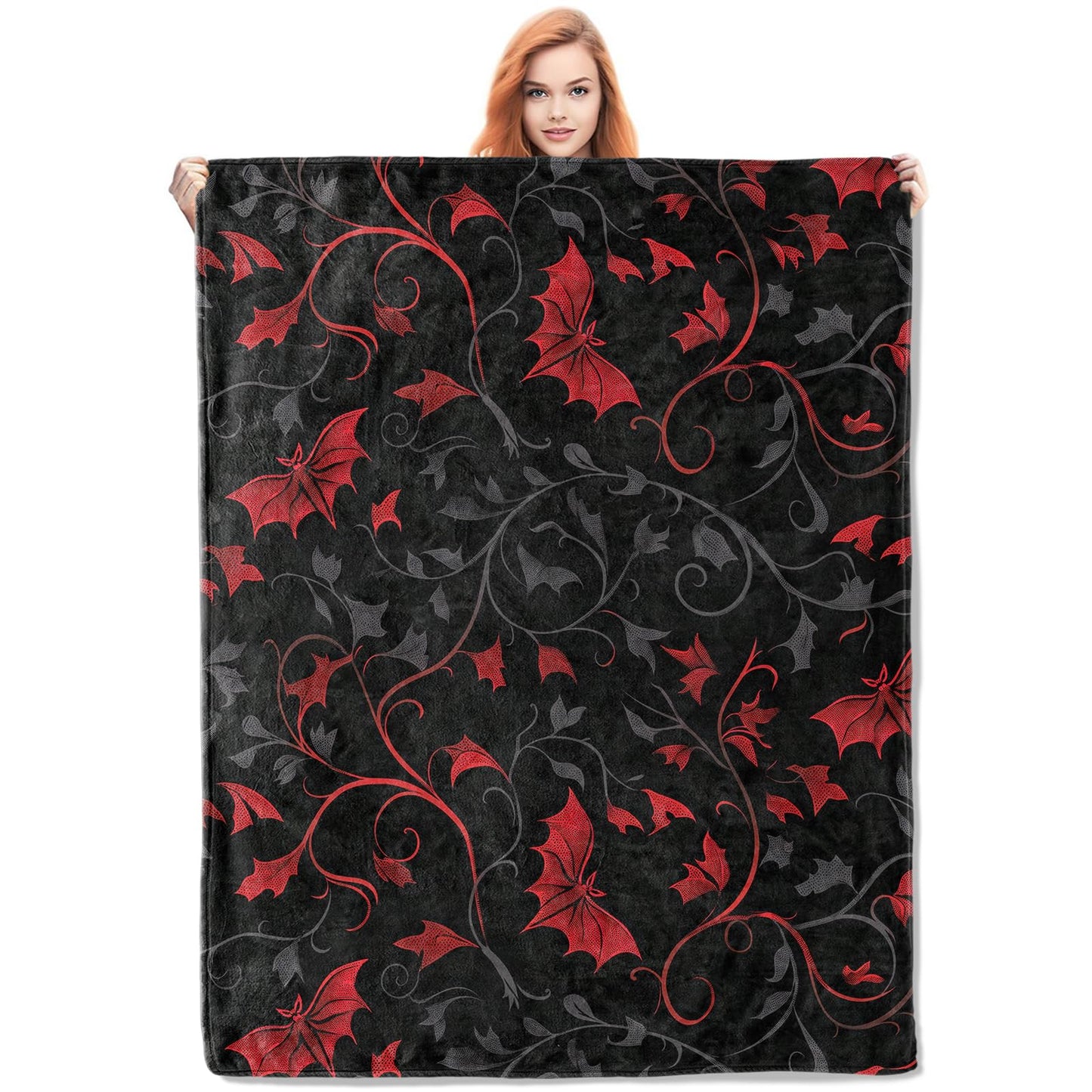VANZEV Enchanted Autumn Leaves Fleece Blanket Gifts, Elegant Red and Black Bat Design, Cozy Throw 50x60 inches, Halloween Decor
