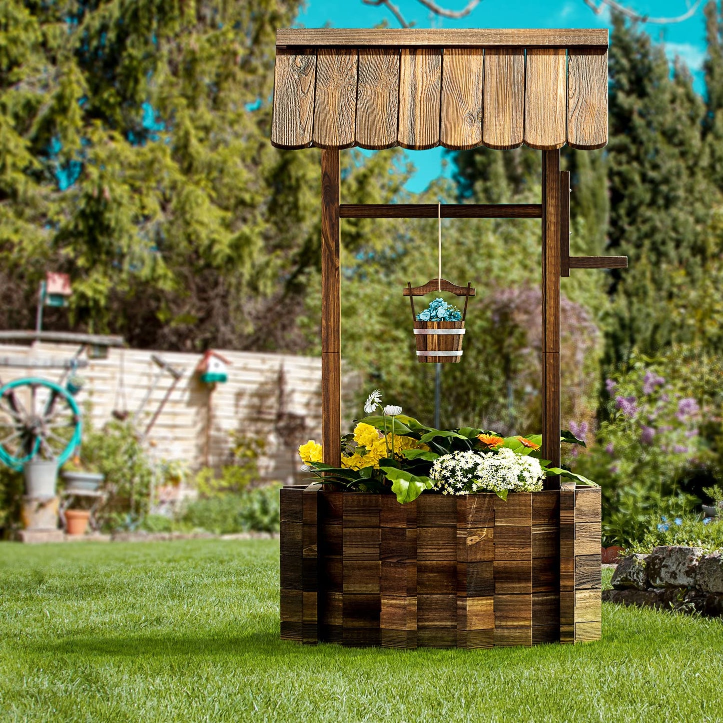 Aoxun Outdoor Wooden Wishing Well Planters with Hanging Bucket, Garden Helper, Rustic Garden Decor for Outside, Yard and Patio, Upgrade - Reinforced Base, Brown