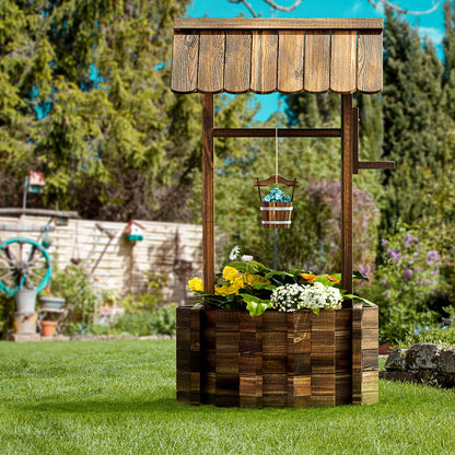 Aoxun Outdoor Wooden Wishing Well Planters with Hanging Bucket, Garden Helper, Rustic Garden Decor for Outside, Yard and Patio, Upgrade - Reinforced Base, Brown