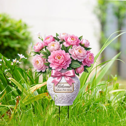 Tooyuart Pink Peony Flower Garden Stake, 20" Flat Metal Welcome Sign, Rustproof Metal Flower Vase Yard Art, Spring Yard Outdoor Decorations for Patio Lawn Garden
